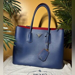 PRADA Saffiano Cuir Medium Leather Double Tote Bag Gold-toned HardwareLIKE NEW!